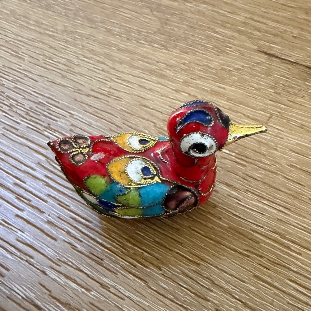 Vintage Chinese Cloisonne Enamel Duck Figurine Red Miniature Bird Filigree 1.75" - Picture 6 of 11